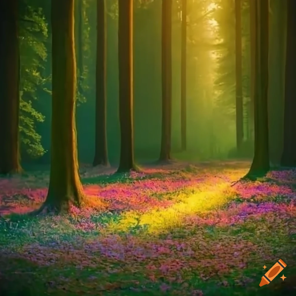 A magical forest with a lot of flowers and large trees, and little ...
