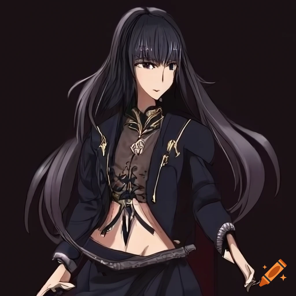 Manganese fantasy anime protagonist black hair messy pigtails, 90s