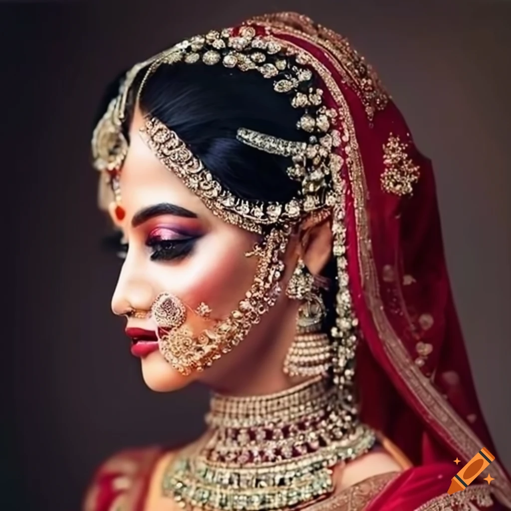 Zoom in on the stunning side profile of a gorgeous Indian bride with a smiling face, radiating timeless beauty and grace. Adorned in resplendent bridal attire, her open hair flows like a cascading waterfall, accentuating her exquisite features. The intricate ornaments adorning her face and head, from the delicate bindi on her forehead to the shimmering earrings and elaborate maang tikka, enhance her ethereal allure. The subtle curves of her face, accentuated by flawless makeup and a captivating