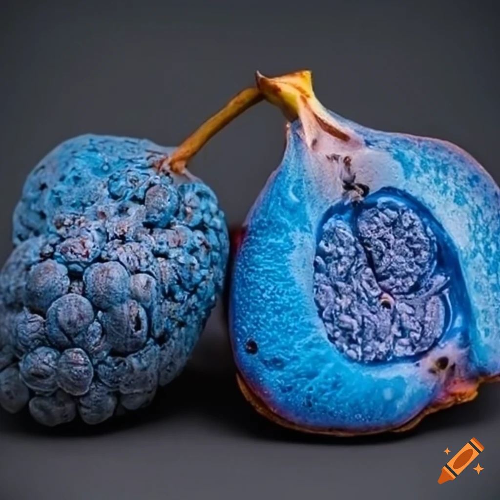 a blue alien themed fruit with a seed visible beneath the fruits skin