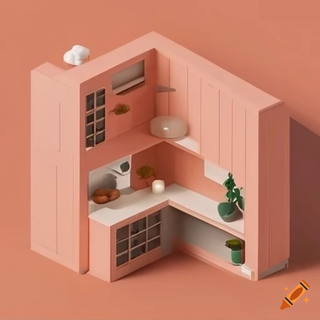 cozy isometric room with kitchen and stairs