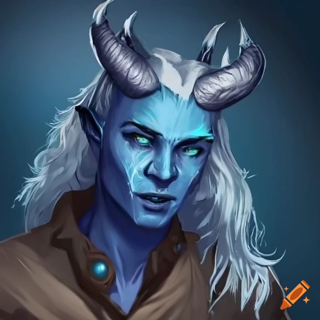 male middle age blue tiefling with silver hair and blue horns, solid white eyes