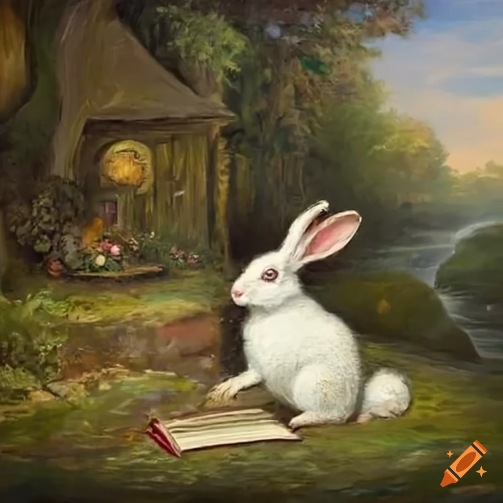 A white rabbit and a book in a fantasy garden with a river on Craiyon