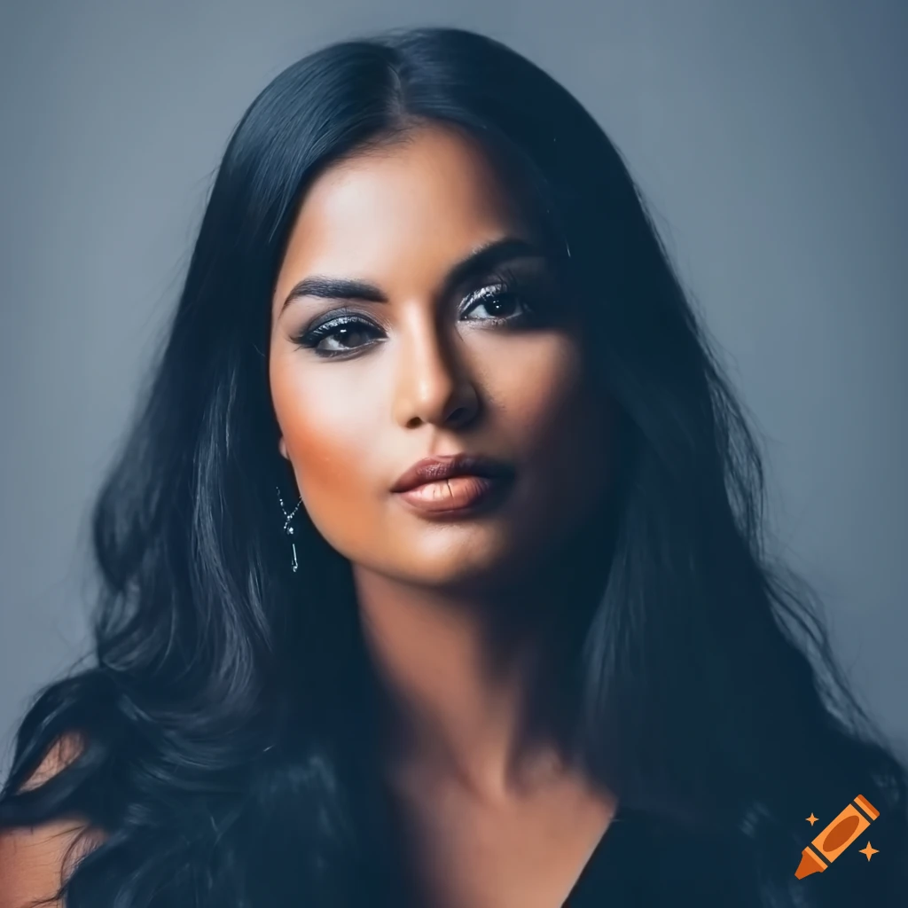 A beautiful Latina woman with dark hair wearing a black dress, standing in front of a lamp, high detail, 4K ultra HD, high resolution, perfect eyes, detailed hair, photorealism, symmetrical face, accurate face, in a grey room