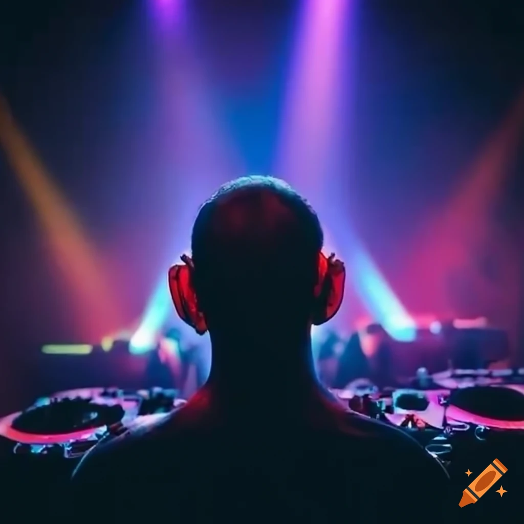 Dj mixing music with vibrant light show in a crowded club on Craiyon