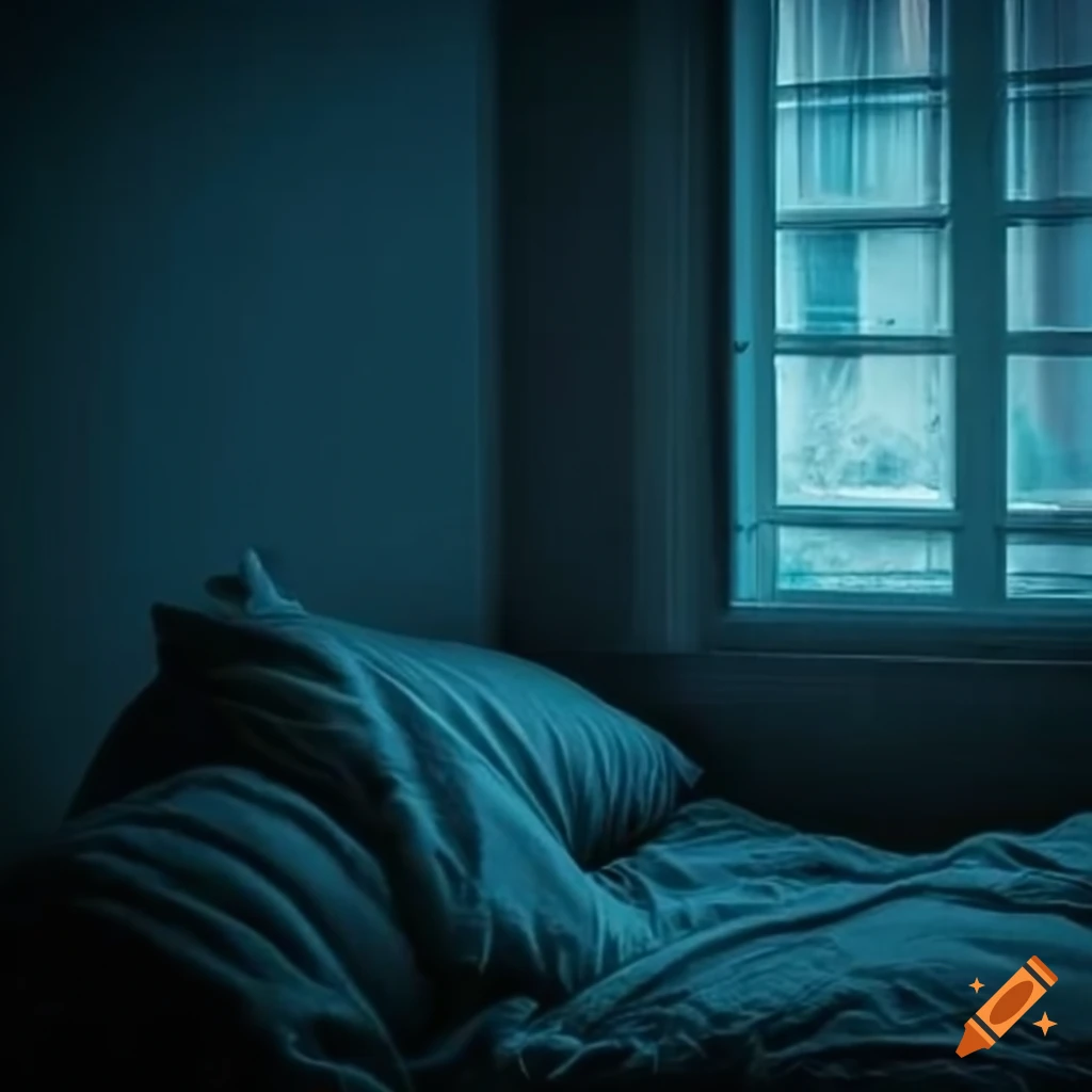 an empty bed in a cosy bedroom, with the covers open. it is late at night, the moon light shines through the window