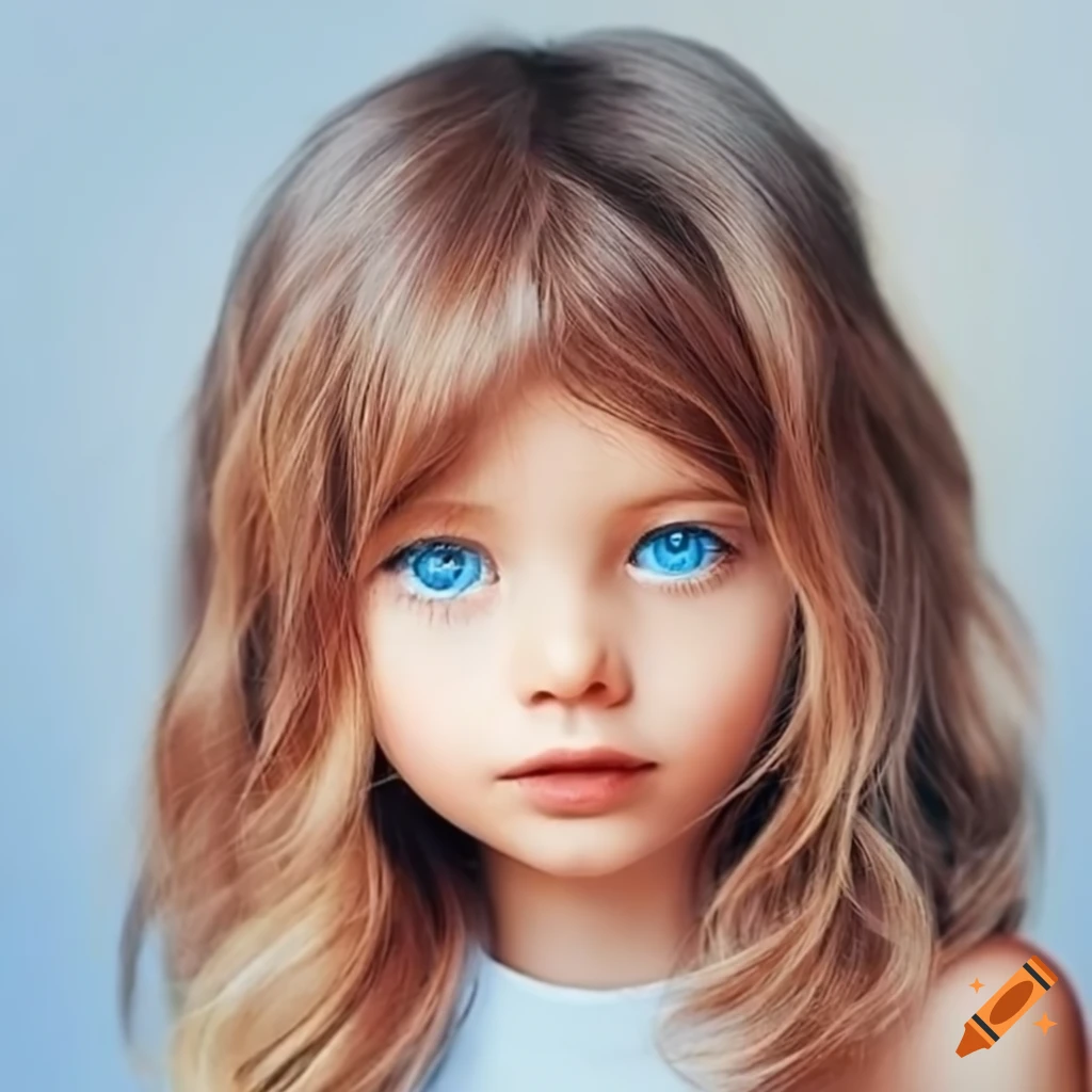 Une petite fille qui a les yeux bleus et les cheveux châtains long qui porte un pull bleu clair
