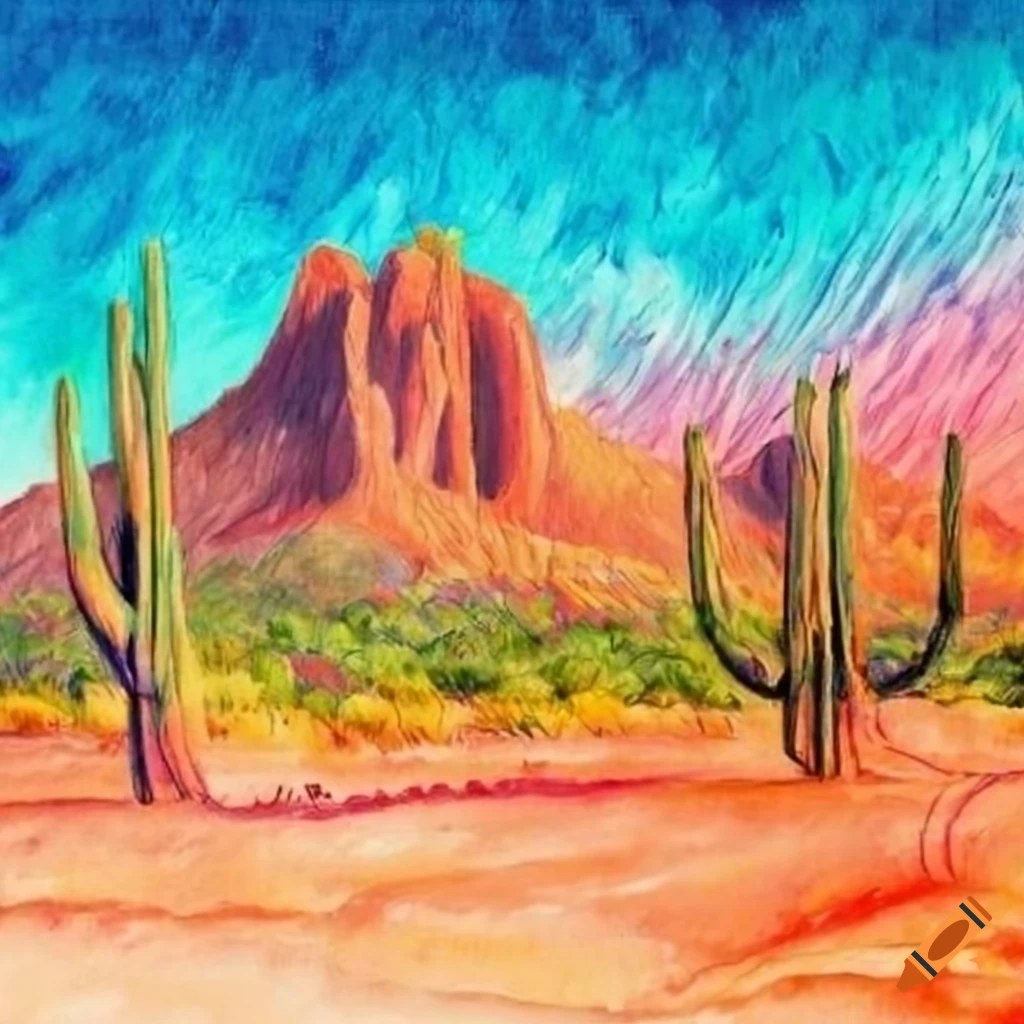 a vibrant vista view color pencil drawing of a the Sonoran desert