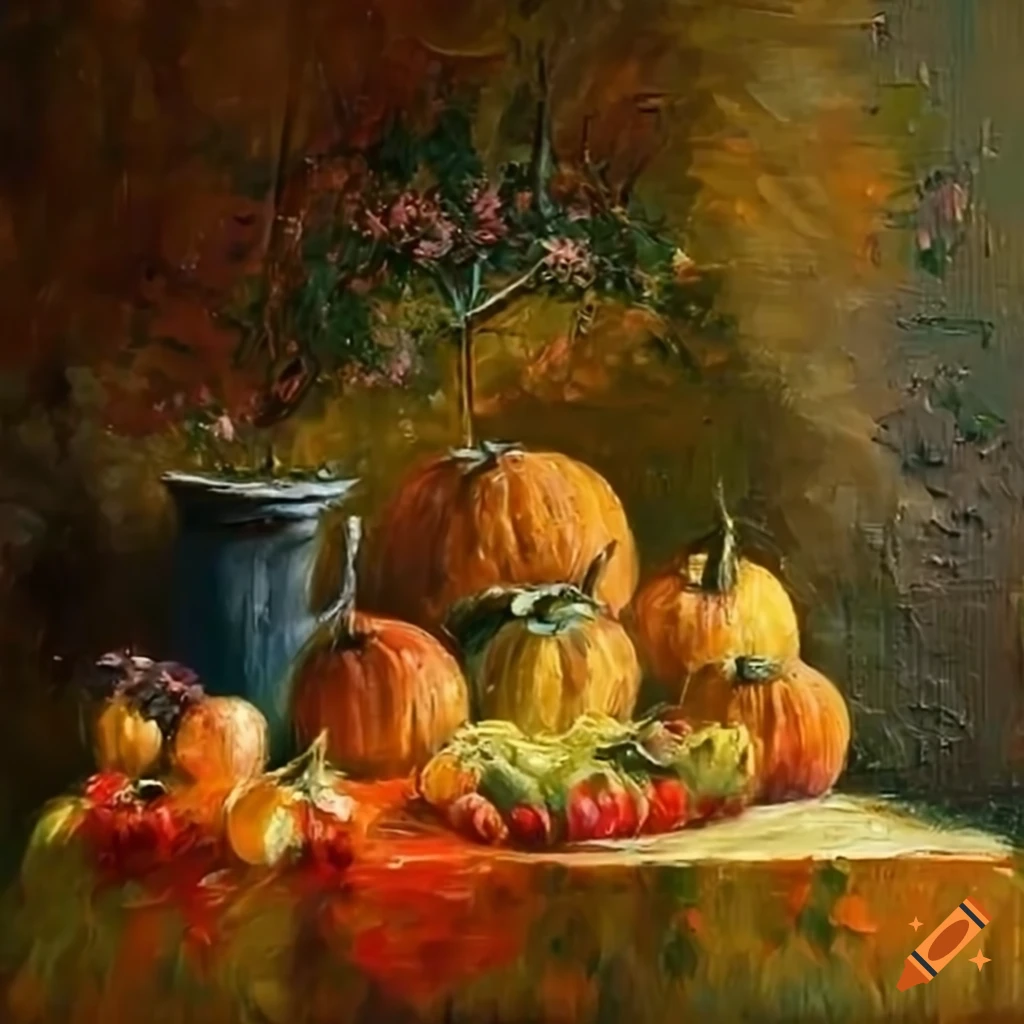 a stunning impressionist painting of a bountiful autumn harvest