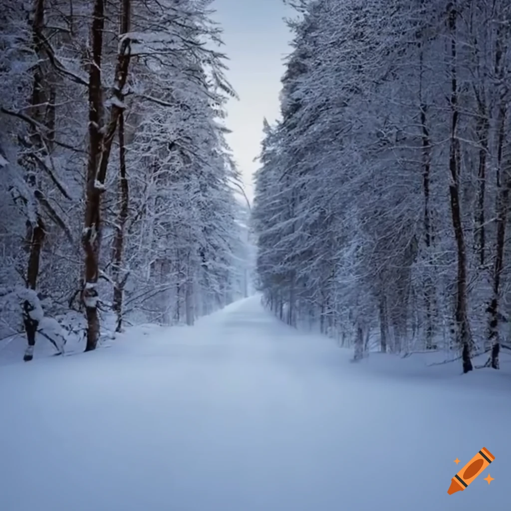 wild winter forest with road running in center