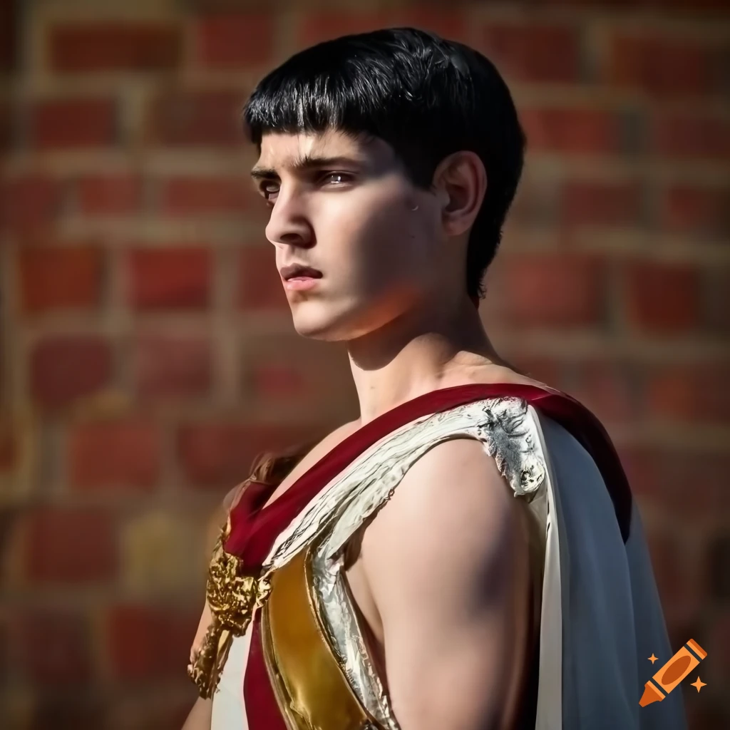 A young man who is a roman athlete with black hair, brown eyes, white