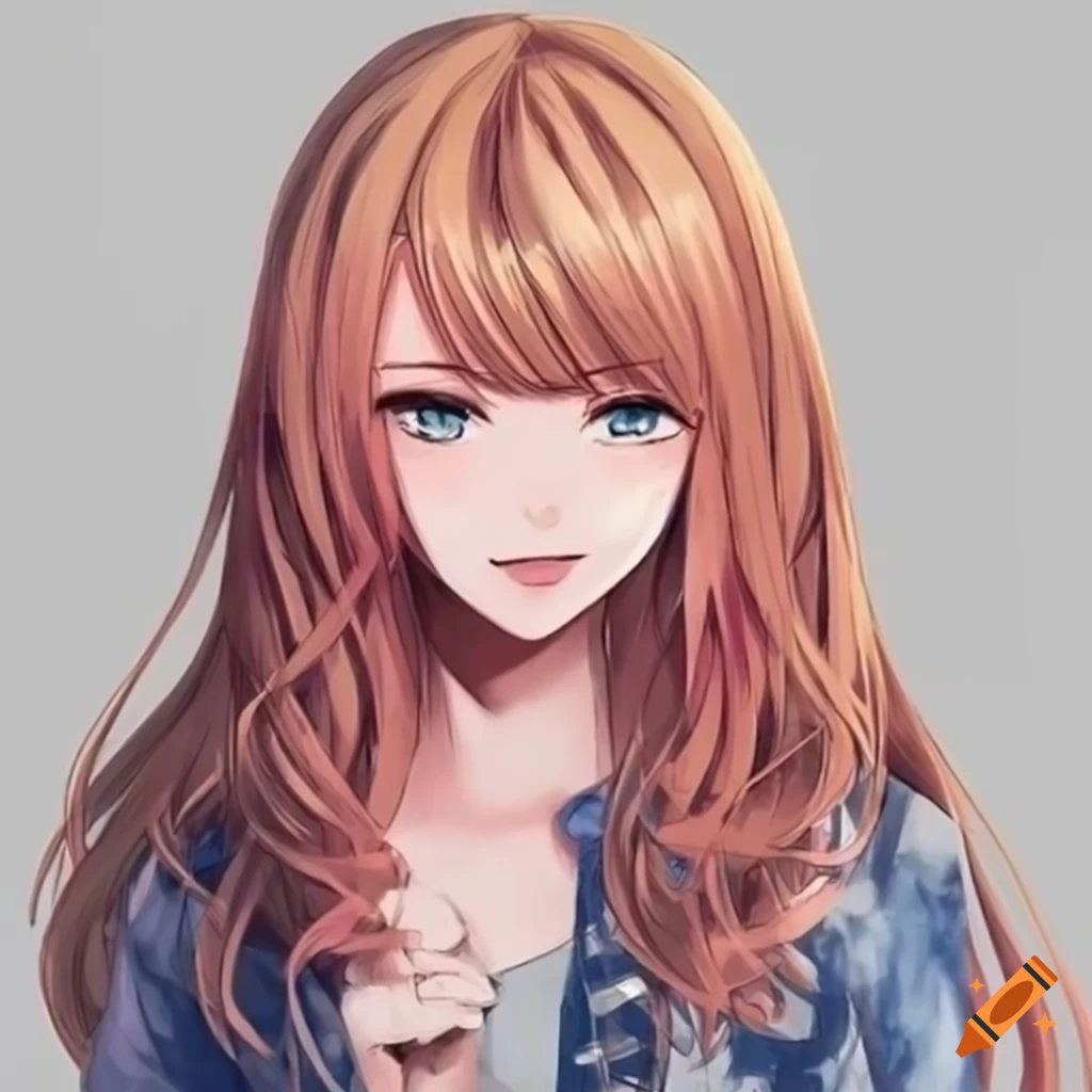 Uma garota jovem em estilo anime, ela possui cabelos longo e loiros com franja, seus cílios são da mesma cor do cabelo e seus lábios levemente avermelhado