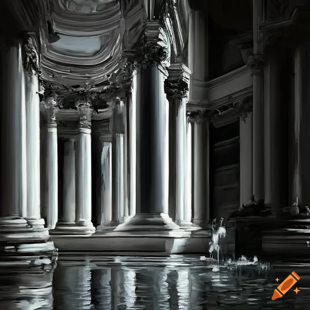 Oil painting of a marble hall with columns and fountains in black and white
