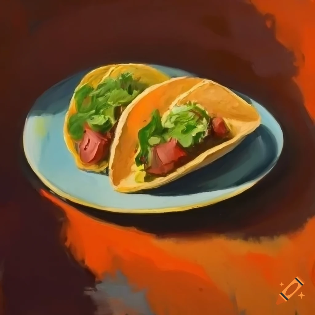 oil painting of three colorful tacos on a plate