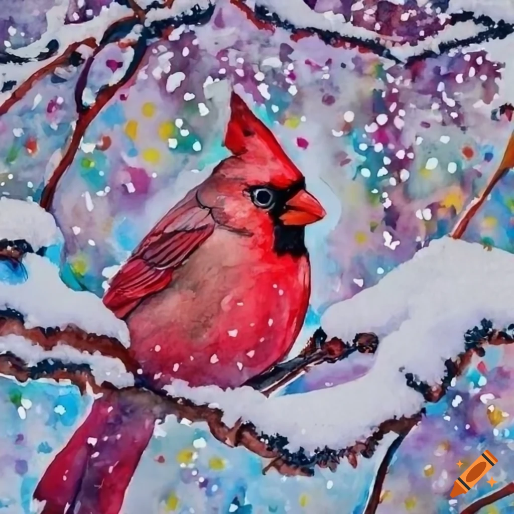 Vibrant watercolor depicting a cardinal sitting on hellebore flowers