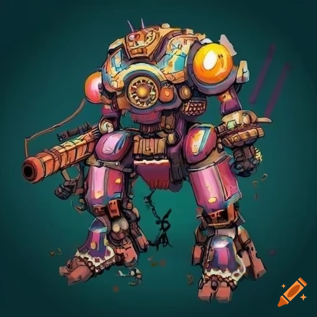 a vibrant steampunk war mecha with an ice cream-inspired color palette and a arm cannon
