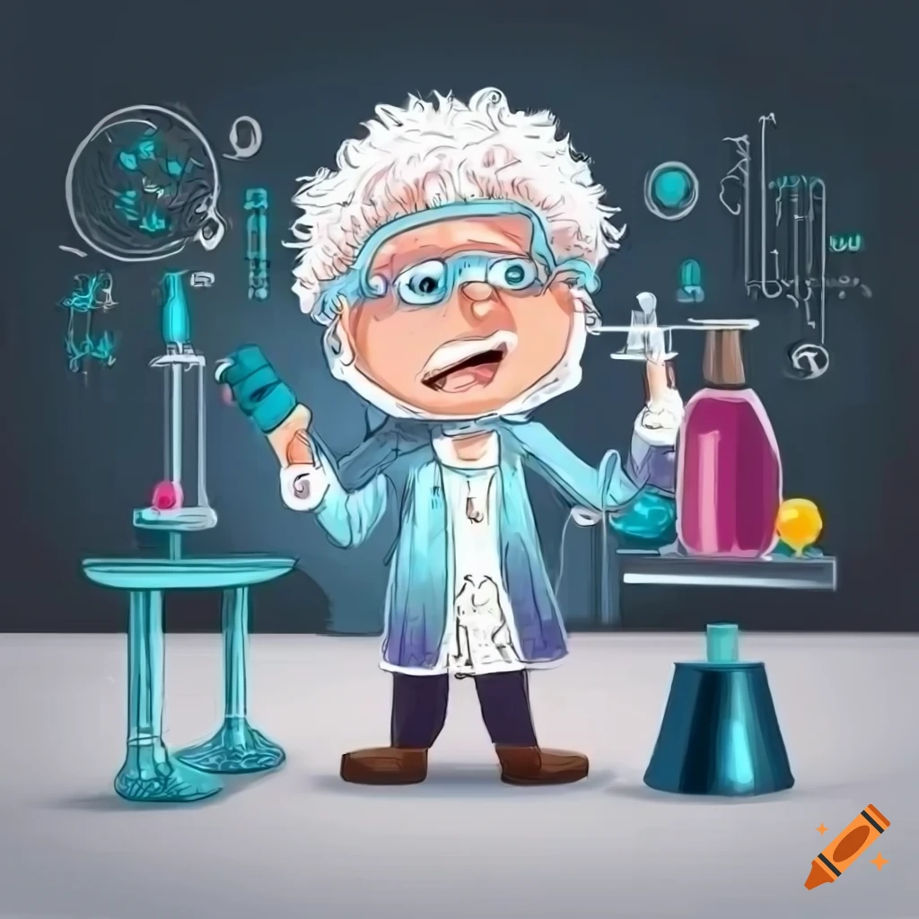 dibujo de un científico con pelo blanco haciendo experimentos en su laboratorio con parte de animales