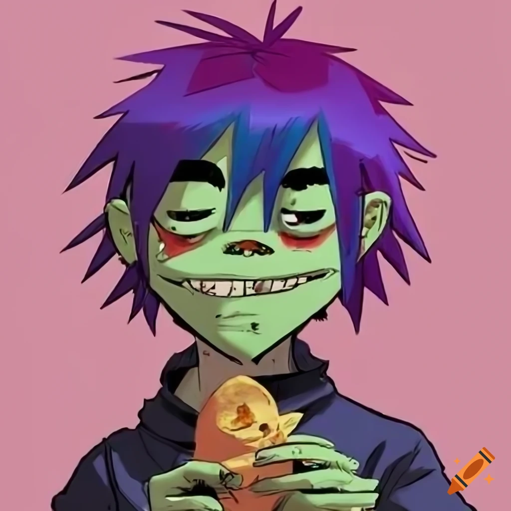 Make a profile picture, with a Gorillaz art style. I would like to include a boy with red hair eating a potato chip