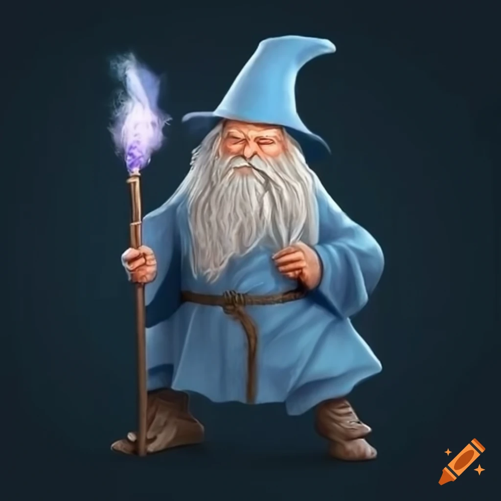 Gandalf the wizard in blue and orange robes