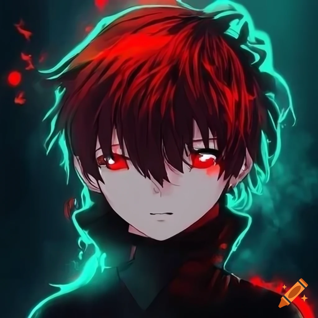 A cool anime boy with red eye glowing like red flames with black hair for a profile picture on Facebook