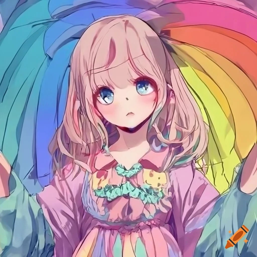 Anime-style girl with rainbow hair and wings on Craiyon