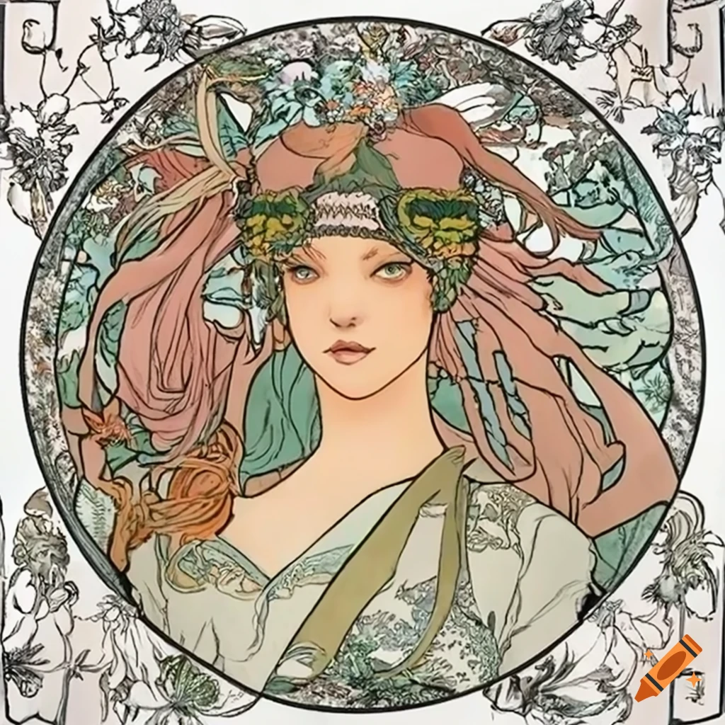 A breathtaking nature scene inspired by alphonse mucha's botanical art