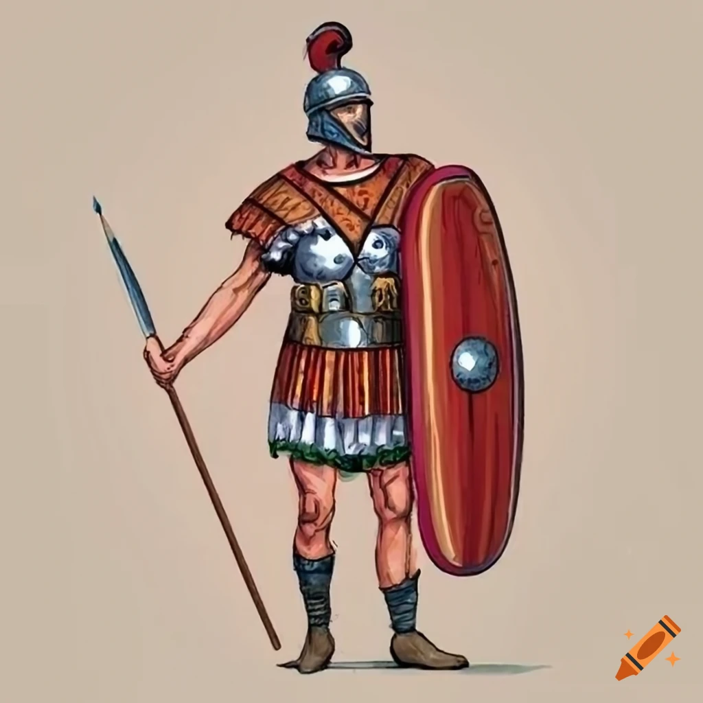 An ancient roman soldier holding a spear and a shield on Craiyon