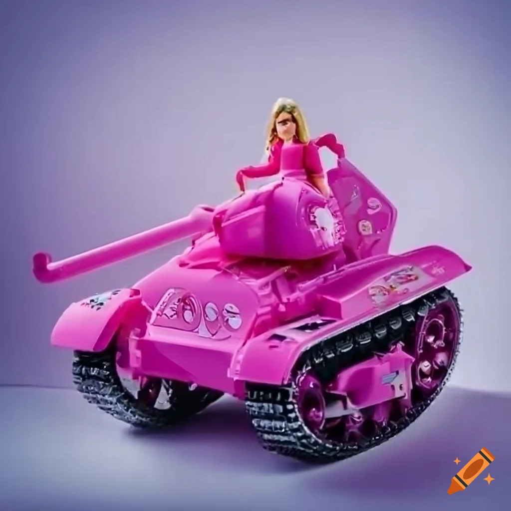Real life, an up close shot of, a pink barbie tank toy, play set