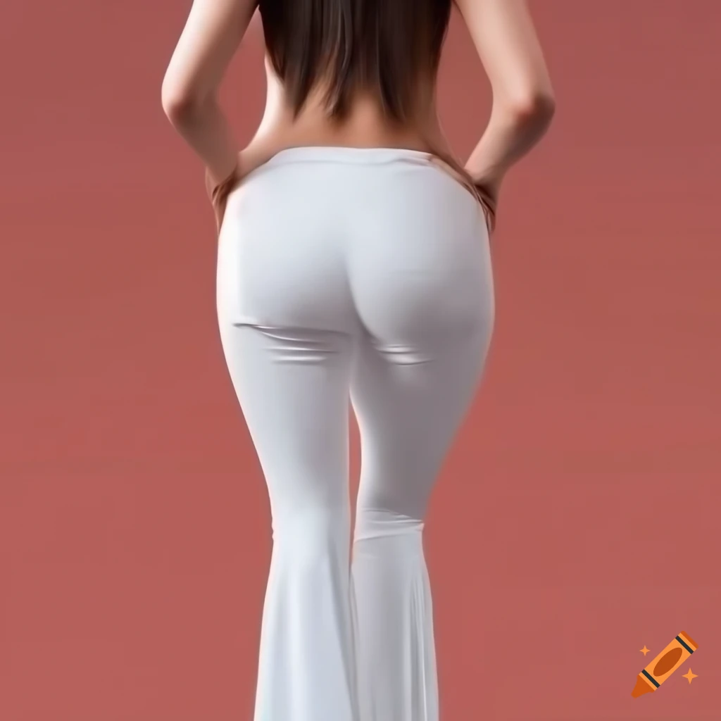 Woman wearing white flared pants, skin tight, large hips, close up