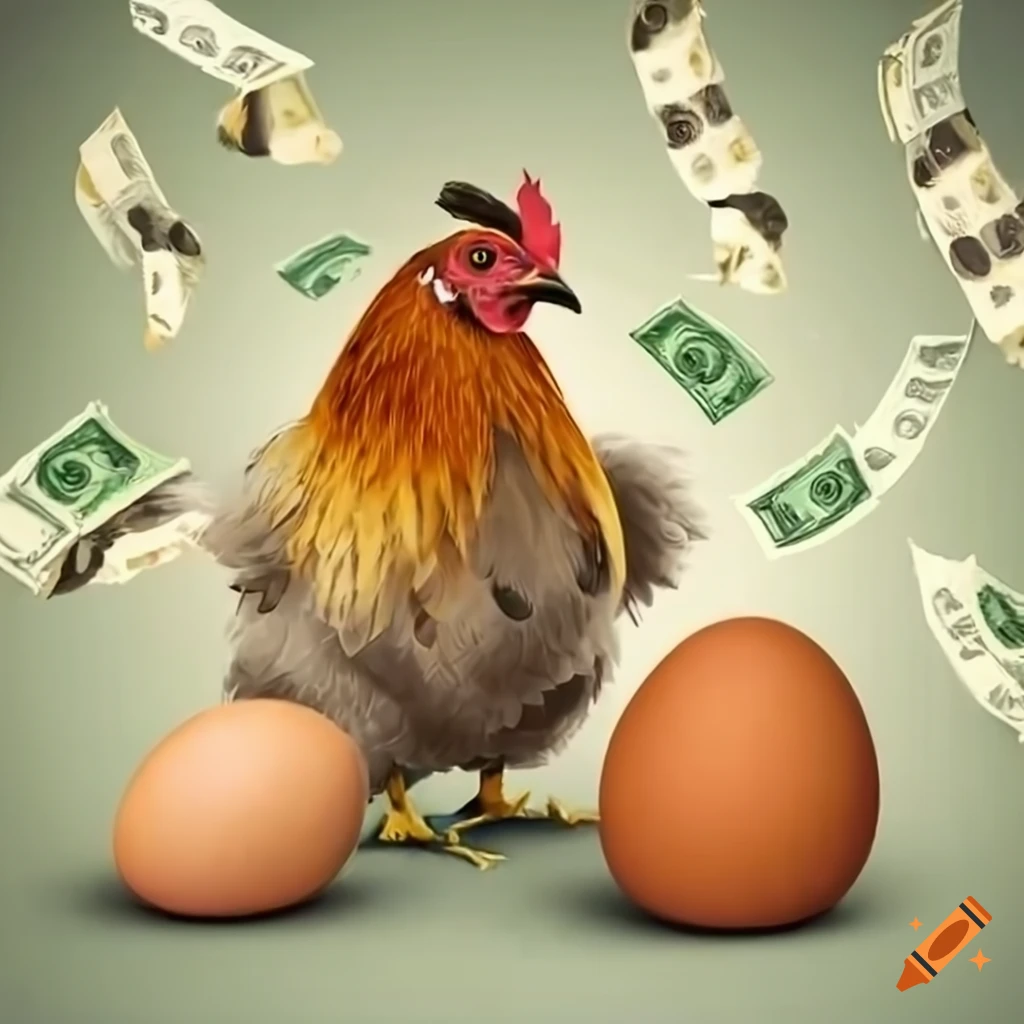 A dapper chicken surrounded by falling money and eggs on Craiyon