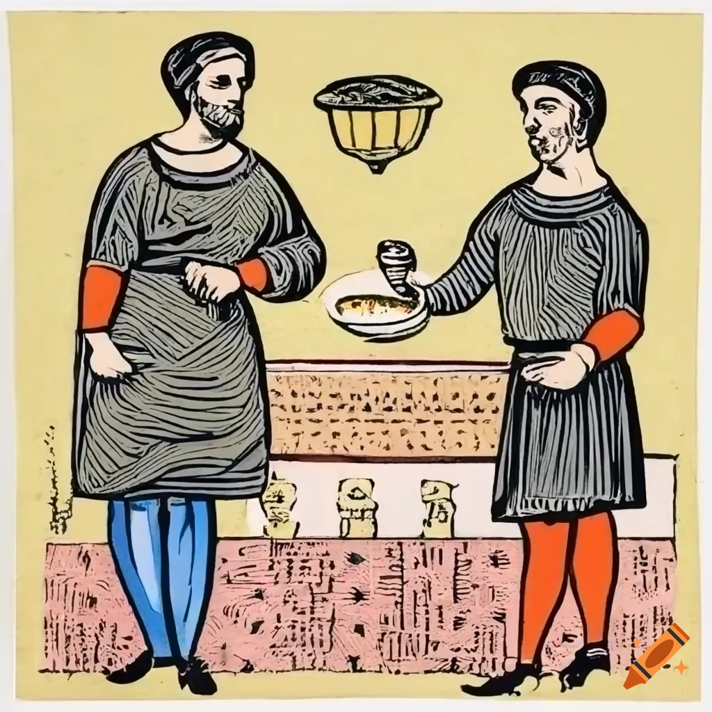 Two young male servants wearing tight pants in medieval attire serving food in a grand hall