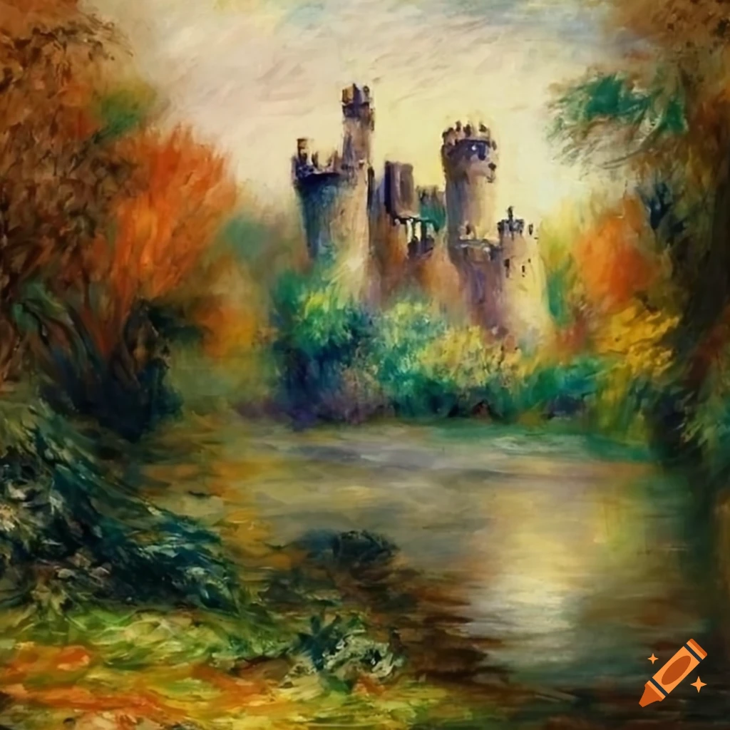 Castle near forest in renoir style oil painting
