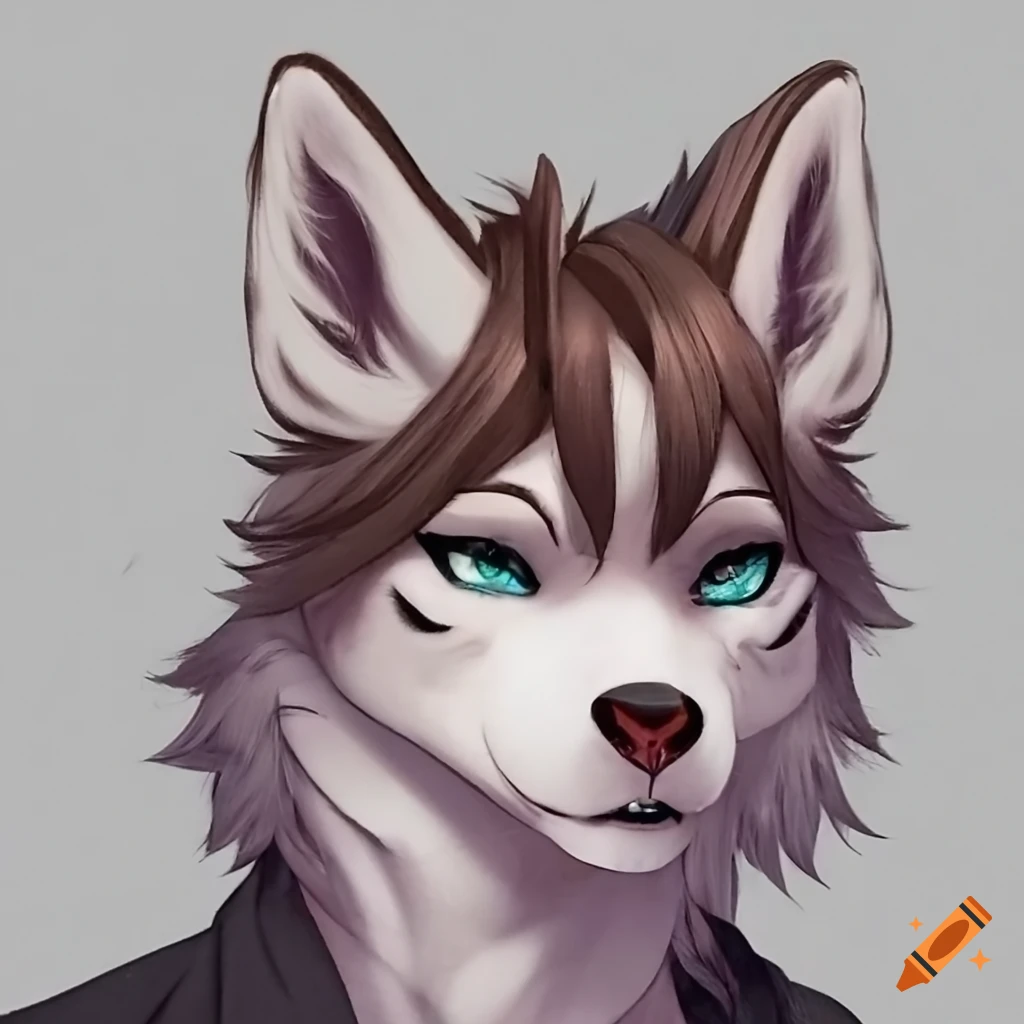 Anthro furrie husky dark brown and white fur, white eyes, masculine, face, head only, antlers