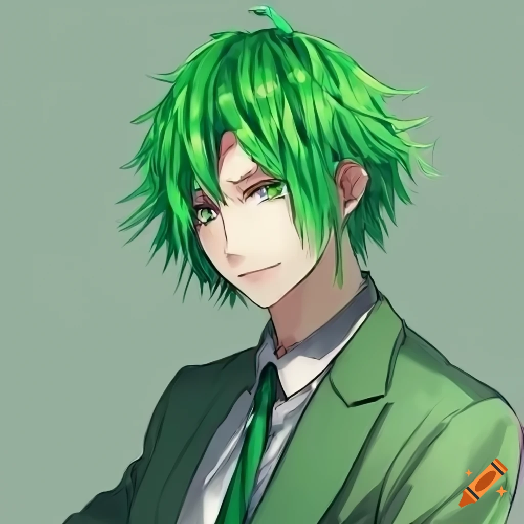 Anime guy with green hair, wearing a green suit