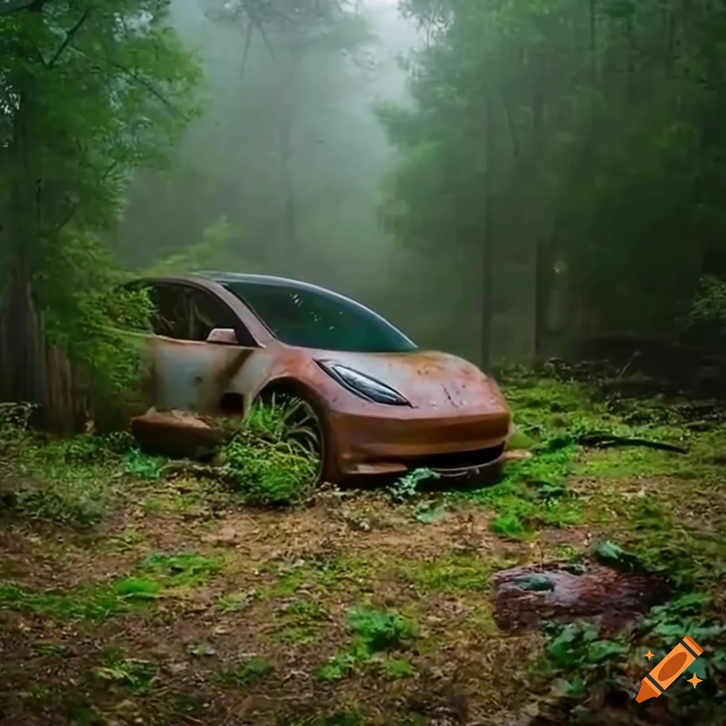 Car cemetery with lots of broken and rusted tesla model 3 cars in the forrest with fog