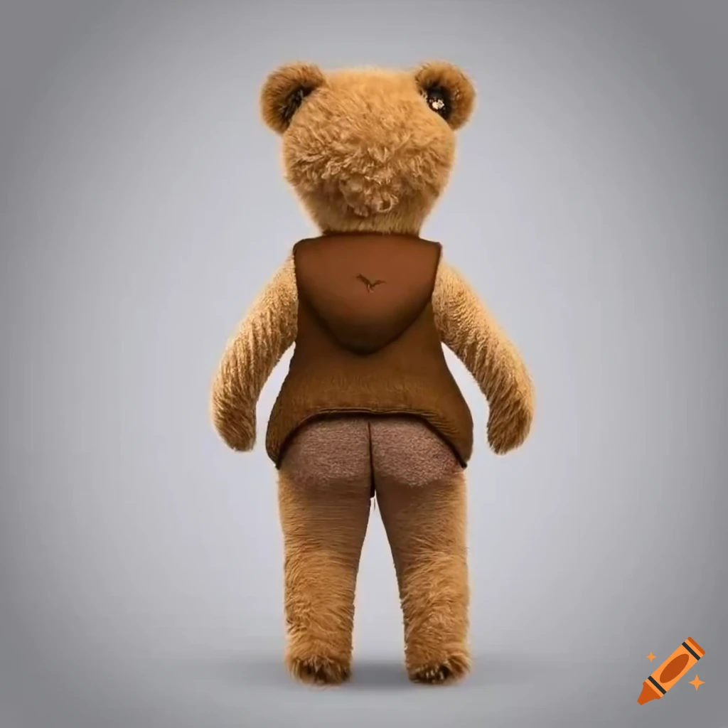 realistic standing living tan female teddy bear wearing vest. back view