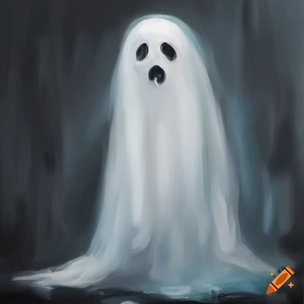moody oil painting of a white ghost on black background