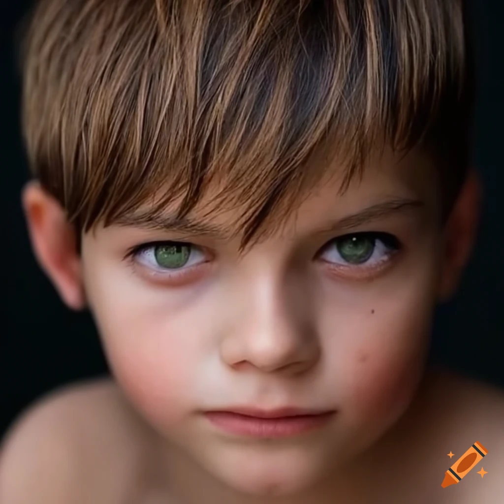 A boy that has straight and short dark brown hair with pale skin, green eyes that are almost brown