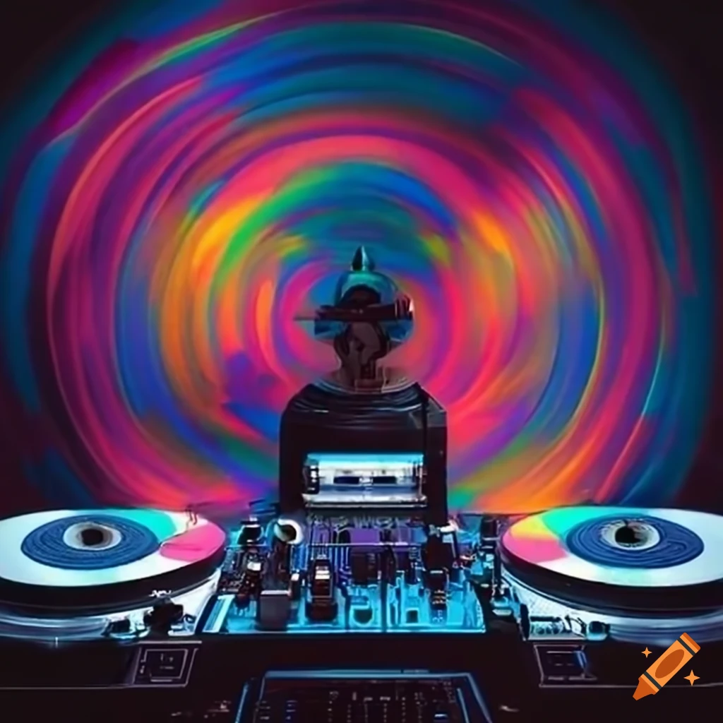 Dj turntables with ziski across the front. psychedelic theme