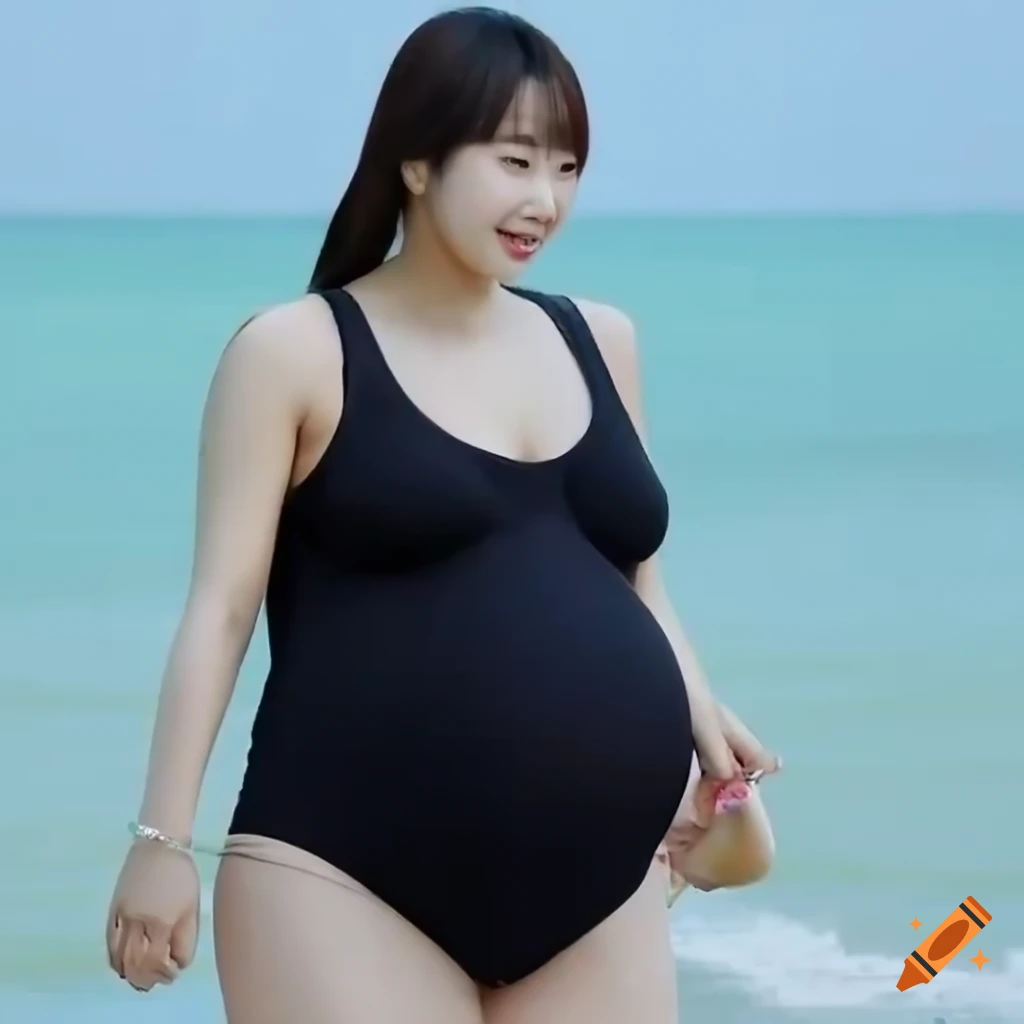 very pregnant, female K-pop idol, wearing dark color one piece swimsuit, giant pregnant belly