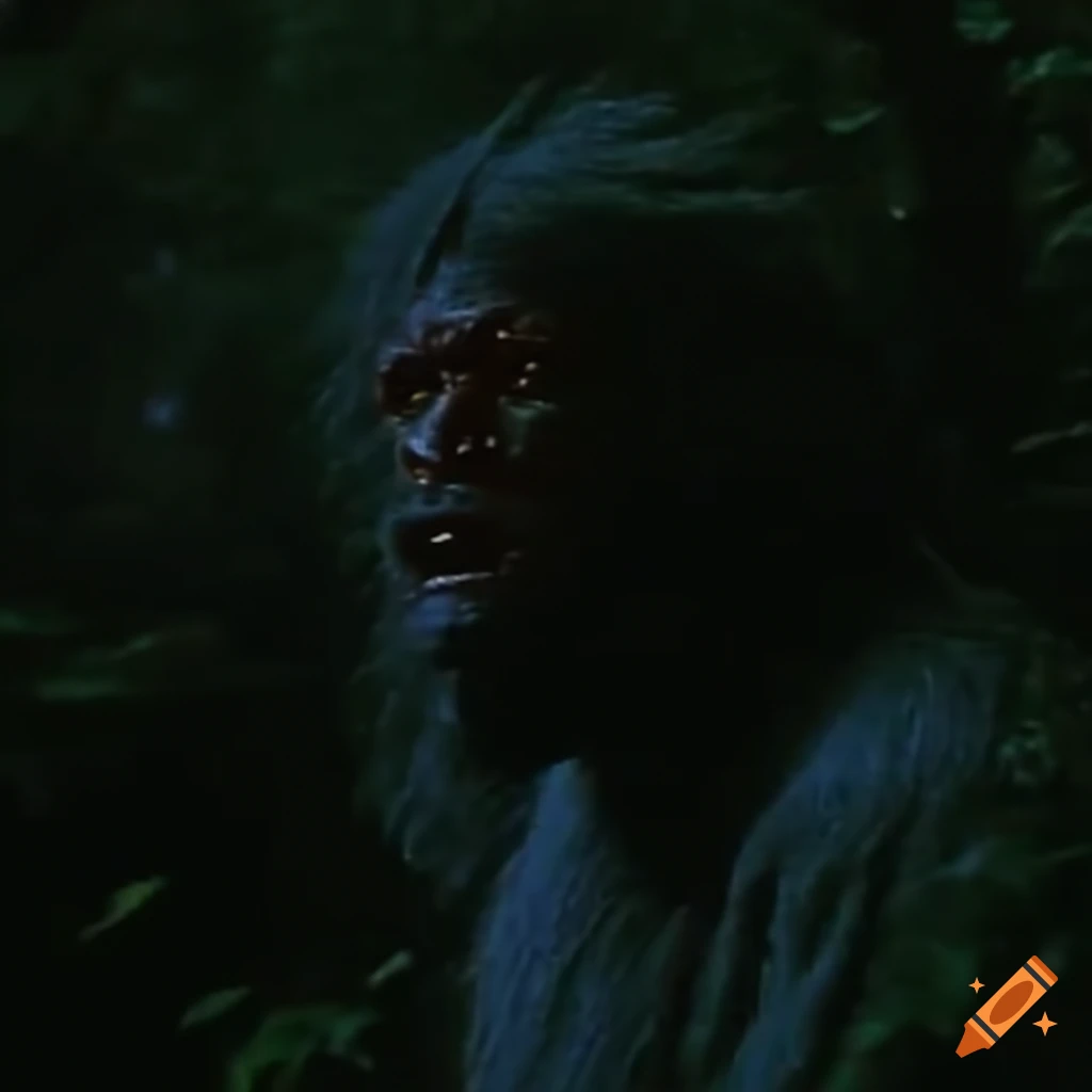 Vhs cinematic still from 1989. bigfoot sasquatch hiding in the bushes ...