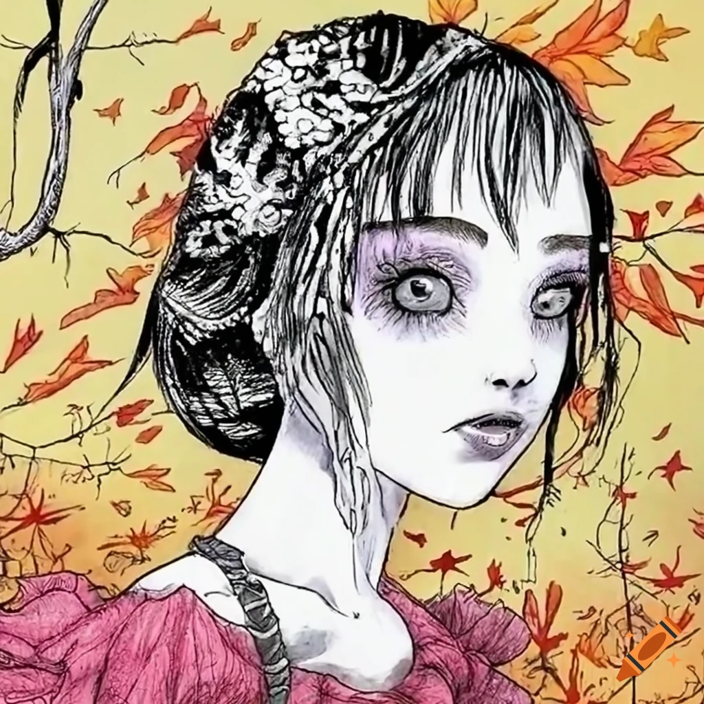 Princess of Autumn Rain drawn by Junji Ito, horror manga art, ink drawing