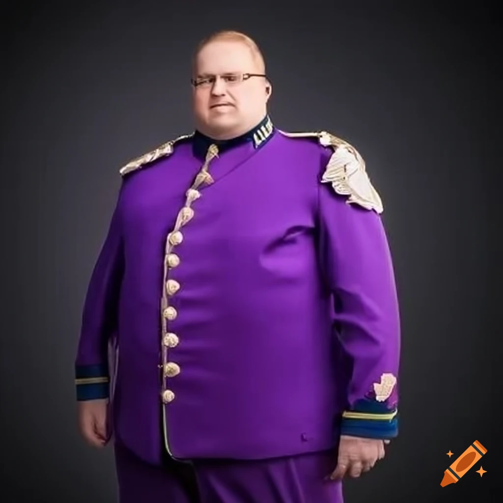 Upper body picture of a tall fat man wearing a purple military dress uniform