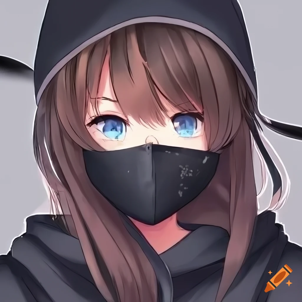 Anime Girl with Blue Eyes, Brown hair and she‘s wearing a Black hoodie and a black face mask