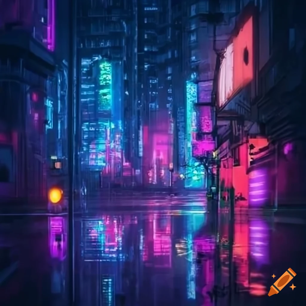 Create an image of a dystopian world where colors are cyberpunk and the ...