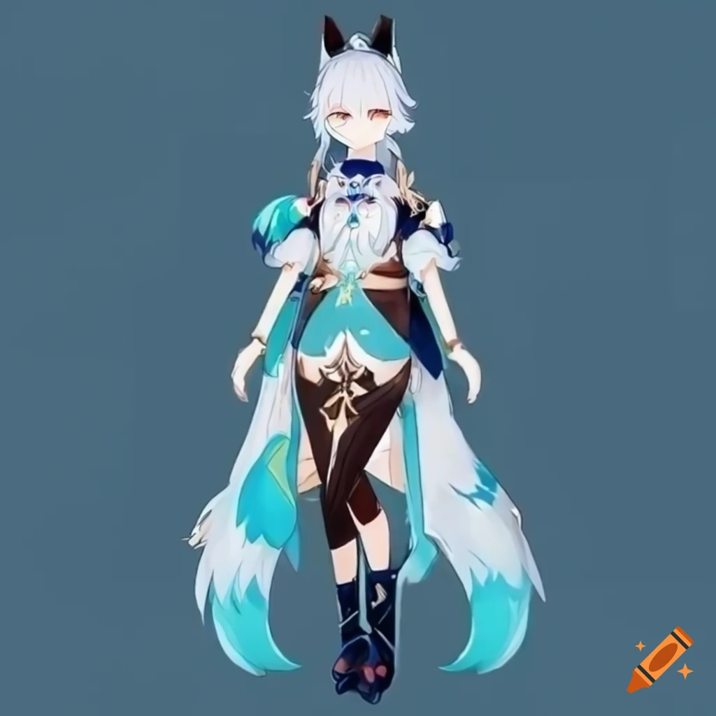 White and aqua color kitsune genshin impact liyue