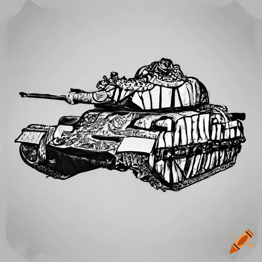 Black and white ink drawing of a ww2 tank in a forest on Craiyon