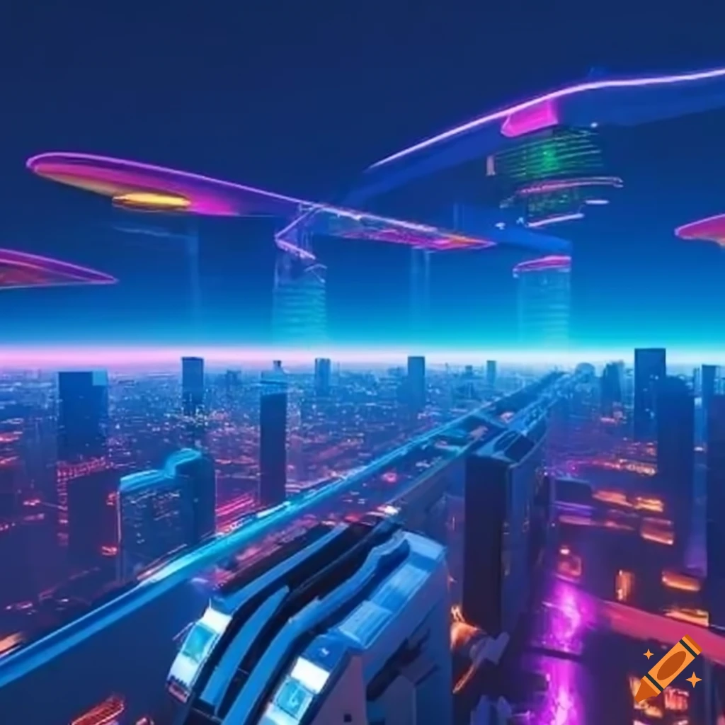 Neon utopia city with skyways and clear buildings by the crystal blue ocean