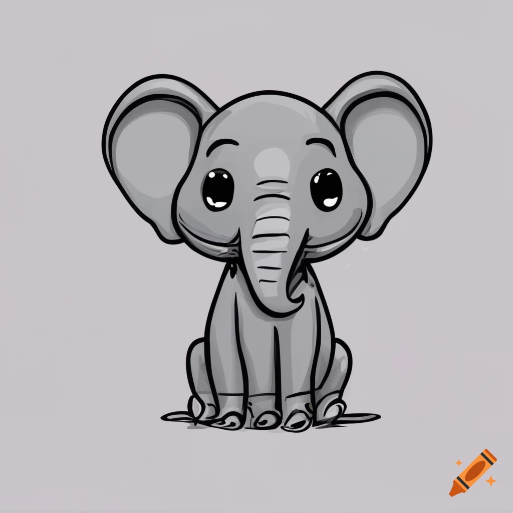 Black and white line drawing of a cute elephant in a cartoon style very  simple on Craiyon