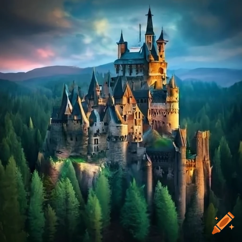 A majestic castle emerging from a magical forest on Craiyon